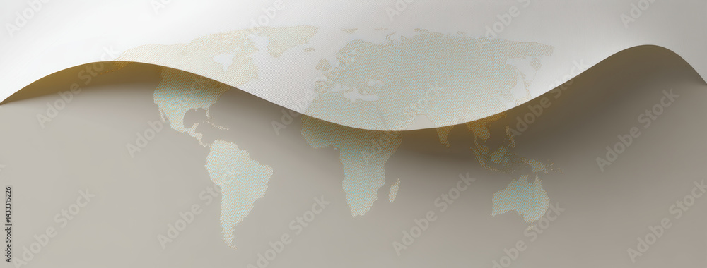 Poster minimalist design featuring world map partially revealed under curved paper layer, creating sense of
