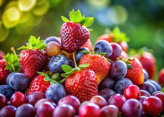 Obraz premium Tilt-Shift Photography: Ripe Organic Strawberries & Grapes - Freshly Harvested, Ready to Eat