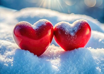 Fototapeta premium Valentine's Day Macro: Red Hearts in Snow - Romantic Winter Photography