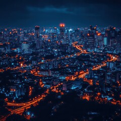 Fototapeta premium Night Cityscape: A Breathtaking Aerial View of Bangkok's Illuminating Streets and Skyscrapers