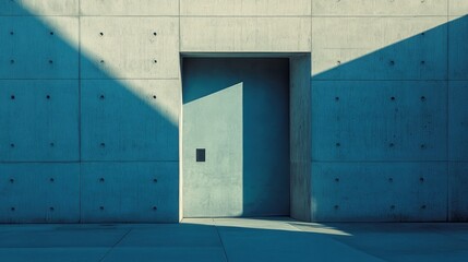 Concrete wall and doorway with dramatic shadows and sunlight