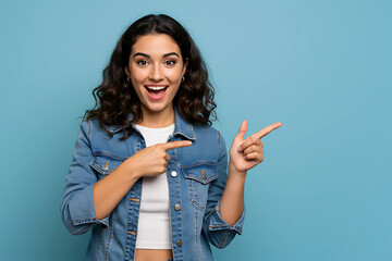 Horizontal studio portrait of a happy woman with a bold Afro hairstyle, smiling and pointing with both index fingers toward a blank copy space on a bright blue background. Perfect for advertisements.