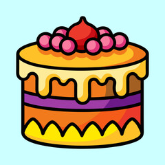 Whimsical Layered Cake with Berry Topping and Creamy Drizzle on Light Blue