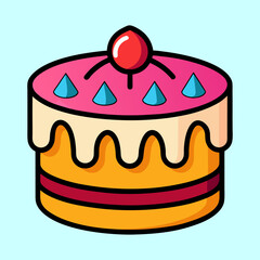 Colorful and Cute Cartoon Cake with Cream and Cherry Topping Illustration