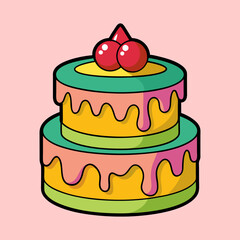 Cartoon two tier cake with cherry topping on a pink background