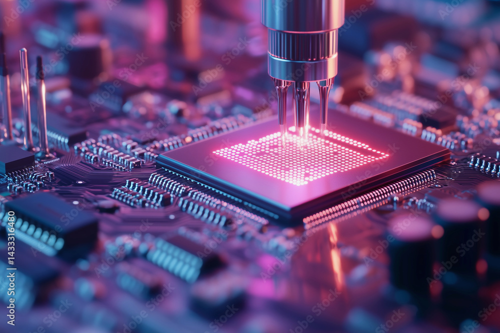 Poster computer chip is being inserted into a computer chip. the image is in a purple and blue color scheme