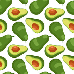 Avocado seamless pattern in cartoon. Avocado one cut in half with bone on white background.