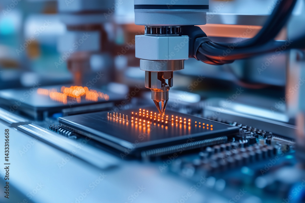 Aufkleber computer chip is being made in a factory. concept of precision and technology