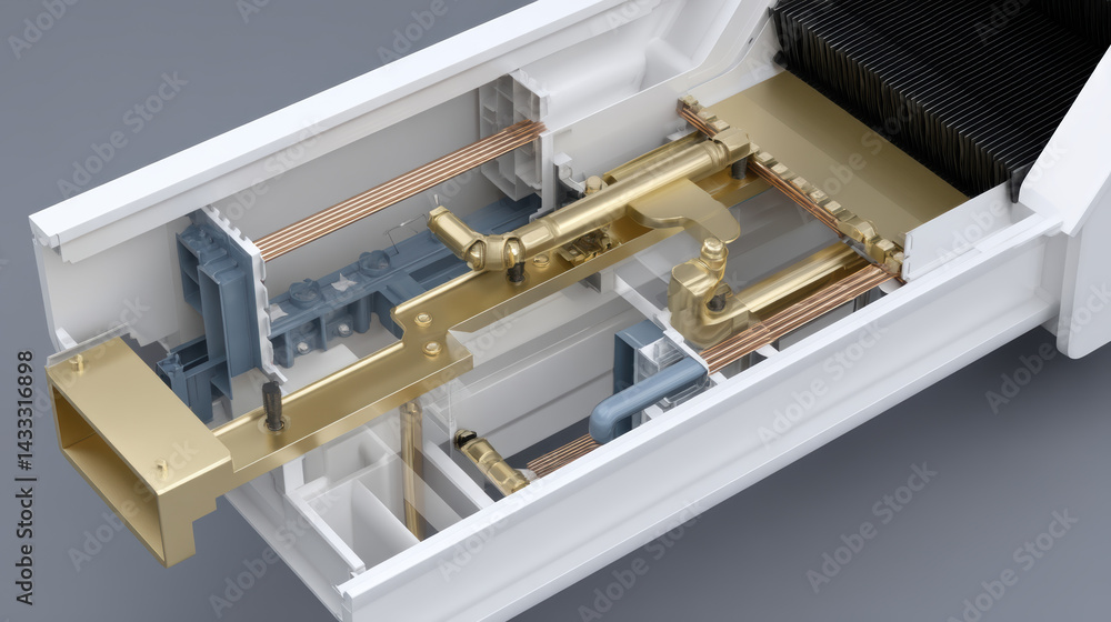 Poster detailed cross section of escalator internal mechanism, showcasing intricate components such as meta