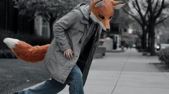 Person wearing fox mask and tail walking on sidewalk. Man in animal costume walks down street. Strange person in city video clip. Unusual behavior and performance footage.
