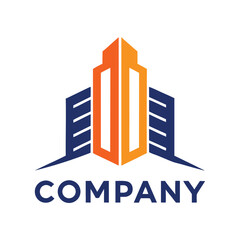 Abstract Building Silhouette, Modern Architecture, Geometric Design, Blue & Orange