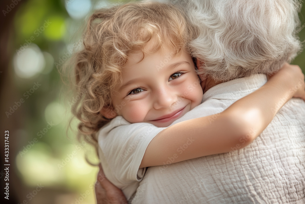 Aufkleber young child is hugging an older person. the child is smiling and the older person is smiling back. c