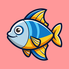 Cute cartoon fish with blue and yellow pattern swimming in the sea