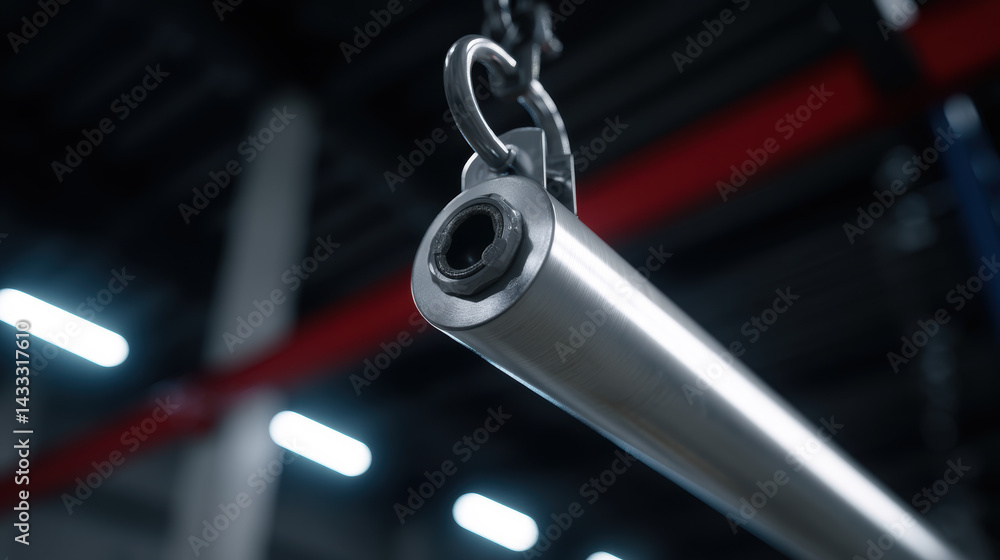Poster close up view of hydraulic cylinder showcasing its metallic surface and connection point, highlighti