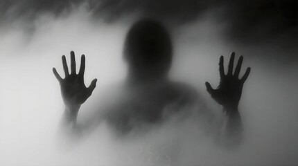 The figure reaching out in the mist represents the struggle and seeking help in depression and adversity, embodying the concept of yearning to break through difficulties and obtain help.