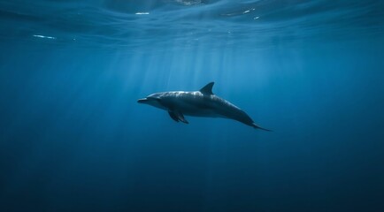 Dolphins swim in the deep sea light and shadow, representing depth, depression, freedom, and agility, conveying the concept of being close to nature and enjoying the beauty of the ocean.