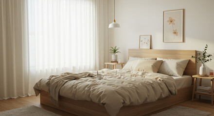 Fototapeta premium Bedroom Interior Shows Cozy Bed with Pillows and Plants in Natural Light Decor
