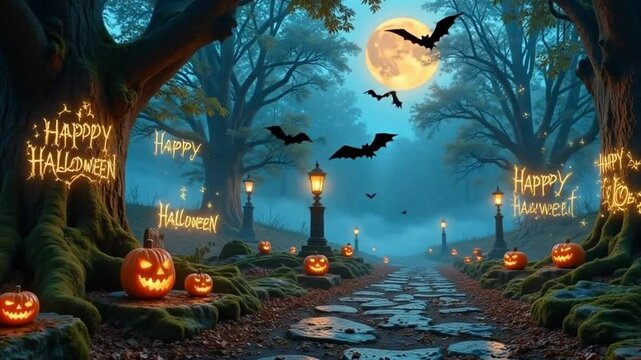 A haunting Halloween night on a dimly lit street, with a graveyard and a haunted tree looming in smoky mist. Glowing pumpkins cast eerie light, enhancing the spooky atmosphere.