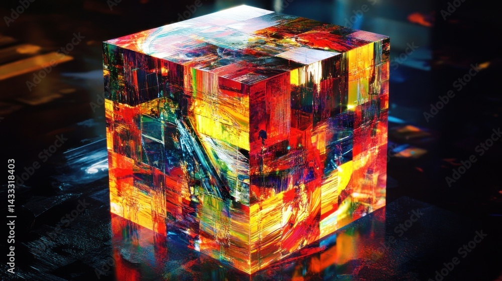 Poster a vibrant cube displays a colorful and complex abstract artwork