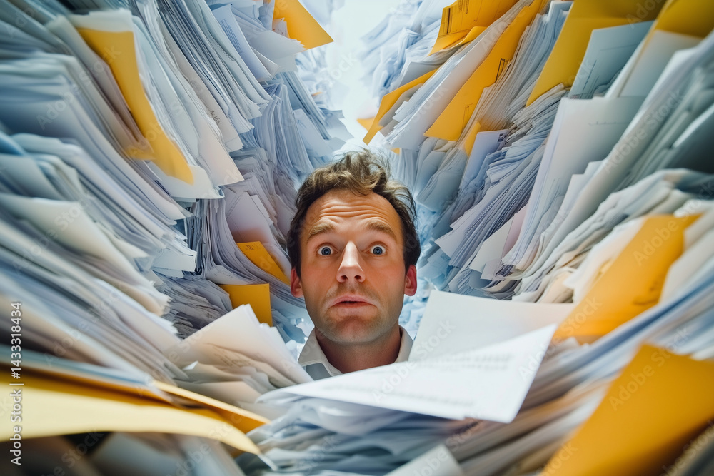 Poster man is covered in papers and looking at the camera. concept of chaos and disorganization, as the man