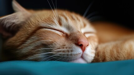 A close-up shot of a peaceful orange tabby cat sleeping soundly on a soft teal blanket, showcasing its striped fur and relaxed expression.
