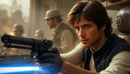 young warrior aiming futuristic weapon in battle scene