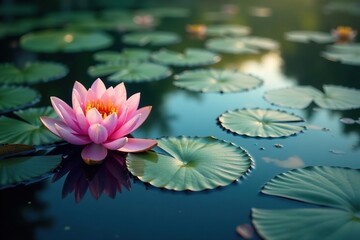 Water lilies form intricate floral pattern on serene lake surface , sunlight, serenity, pattern