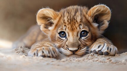 Obraz premium A baby lion cub playfully pouncing on its siblings, with its tiny paws making soft marks in the sand. 