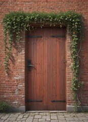 Rustic red brick wall, weathered wood door, climbing vines ,  spring,  wall