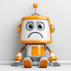 Naklejka premium Lonely Cartoon Robot with Orange Trim Sitting Against a White Wall