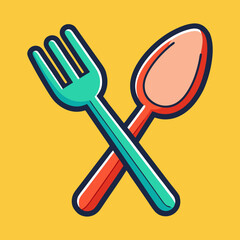 Cartoon illustration of a crossed spoon and fork on yellow background