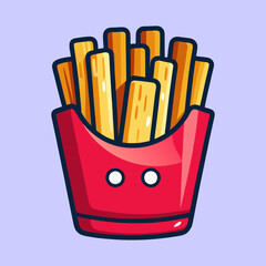 Cartoon illustration of french fries in a red container with cute eyes