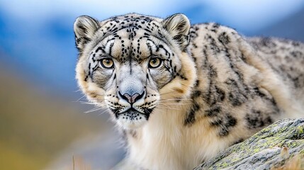 Fototapeta premium A close-up image of a snow leopard in the mountains, showcasing its beautiful coat and the critical importance of protecting its habitat. 