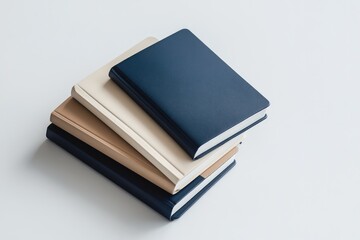 A stack of three notebooks in navy, beige, and cream, showcasing minimalist design and neutral colors.
