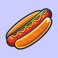 Delicious cartoon hot dog with mustard and relish on light purple background