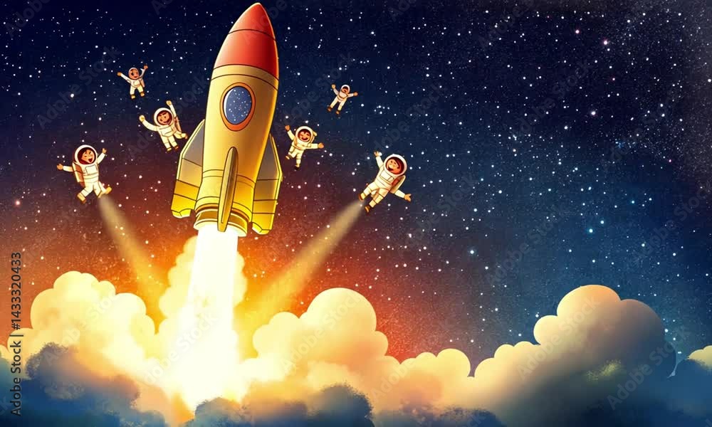 Poster astronauts in cartoon style zoom through galaxy on colorful rocket made with generative ai technolog