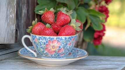 An antique teacup with floral print holding strawberries, styled with rustic props