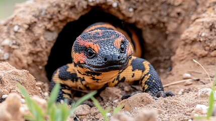 Fototapeta premium A Gila monster emerging from its burrow in the desert, showing its thick, muscular body and colorful markings as it explores the arid environment. 