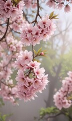 Fototapeta premium Soft pink sakura petals gently descend against a blurred spring backdrop , ethereal, romantic
