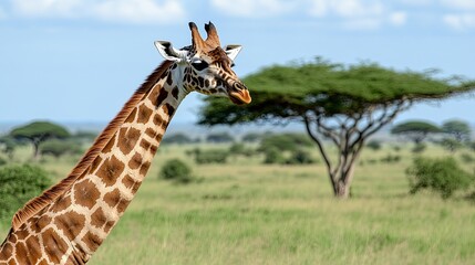 A giraffe (Giraffa camelopardalis) grazing on tall acacia trees in the African savanna, its long neck reaching high above the grasslands.