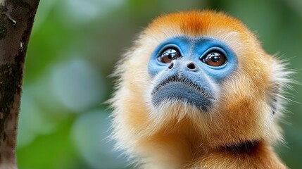 Fototapeta premium A golden snub-nosed monkey staring directly into the camera, with its vivid blue face and golden fur standing out against the vibrant green forest. 