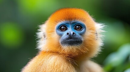 A golden snub-nosed monkey staring directly into the camera, with its vivid blue face and golden fur standing out against the vibrant green forest. 