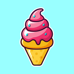 Whimsical Cartoon Ice Cream Cone with Pink Swirls and Blue Sprinkles