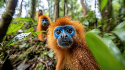 Obraz premium A group of golden snub-nosed monkeys foraging on the forest floor, their striking blue faces and golden-orange fur creating a vivid contrast with the lush green plants. 