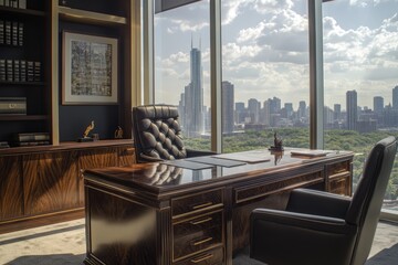 Luxurious executive office with a stunning city view, featuring a large wooden desk and leather chairs.