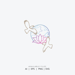 Elegant Peace and Spirituality Logo Vector Featuring Doves Flying Around the Earth with a Blooming Lotus Flower Symbol