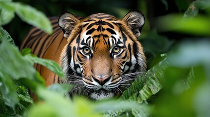 A majestic Bengal tiger (Panthera tigris tigris) prowls through a dense green jungle, its bright orange fur contrasting with the lush foliage. 