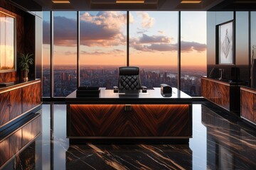 Luxurious penthouse office with stunning city sunset view, featuring a large desk and modern decor.
