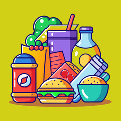 Colorful Cartoon Illustration of Fast Food Feast with Bright Yellow Background
