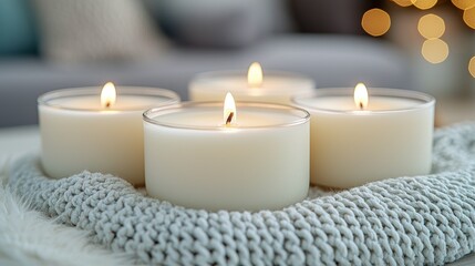 Cozy Candlelight: Three Lit Candles Resting on a Soft Knitted Blanket, Creating a Warm and Serene Atmosphere.